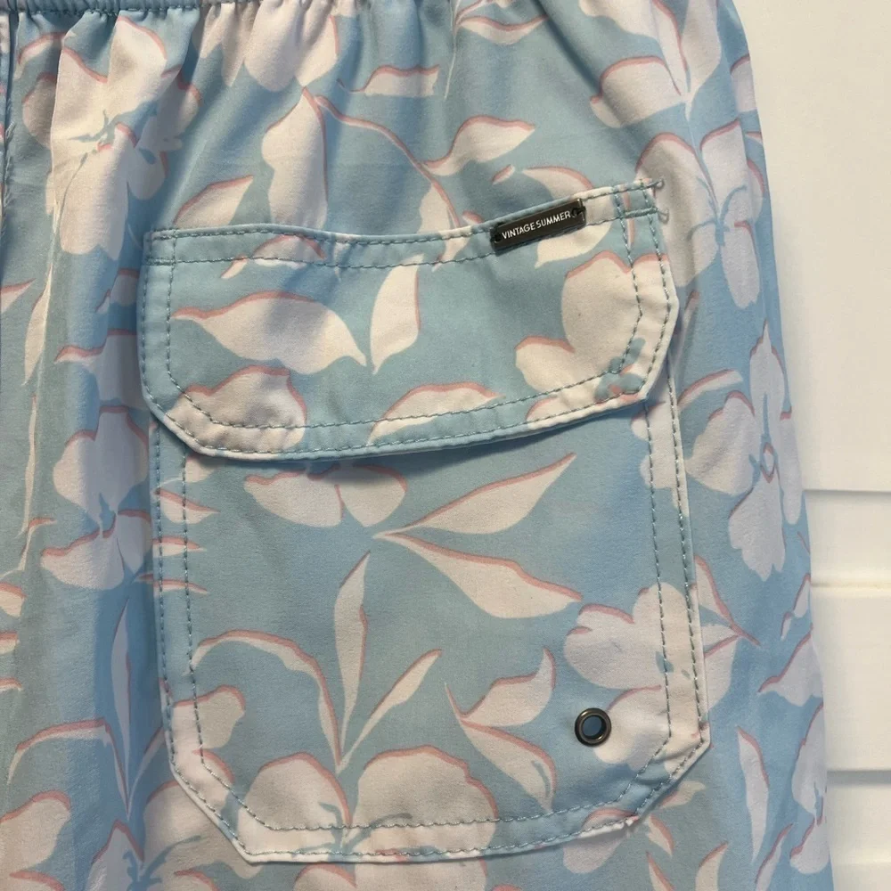 Vintage Summer Floral Print Swim Shorts Size Mens Large Color Blue, Whit…